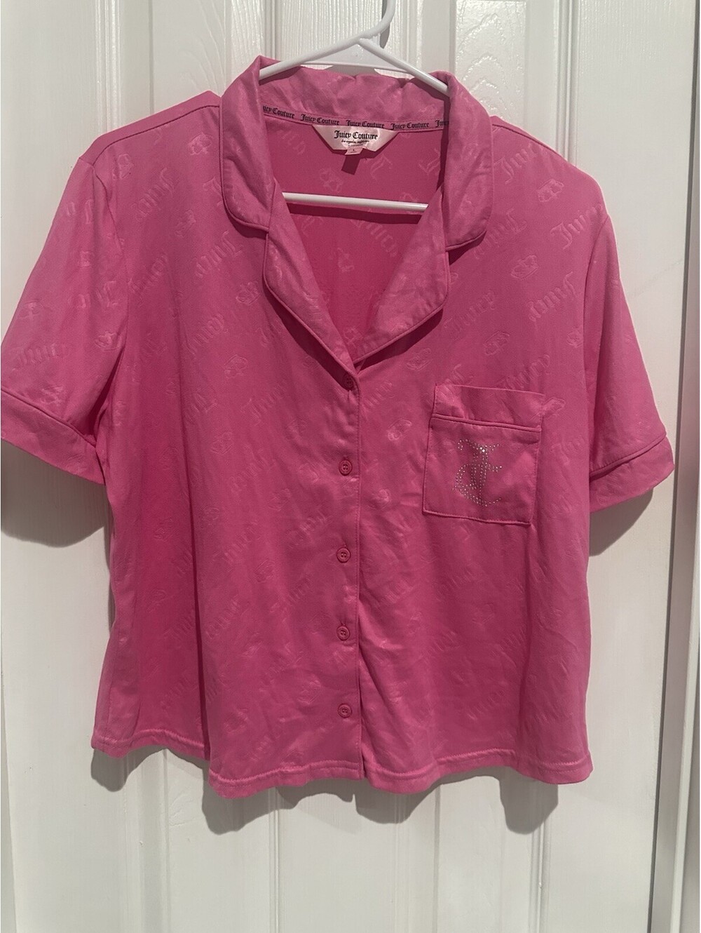 Juicy Couture Logo and Rhinestone Collared 2 Piece Pajama Set Women's Small